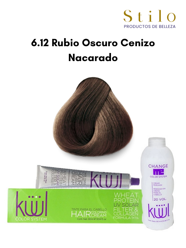 TINTE KUUL 6.12 RUBIO OSCURO CENIZO NACARADO 90 G CON PEROX. 135 ML