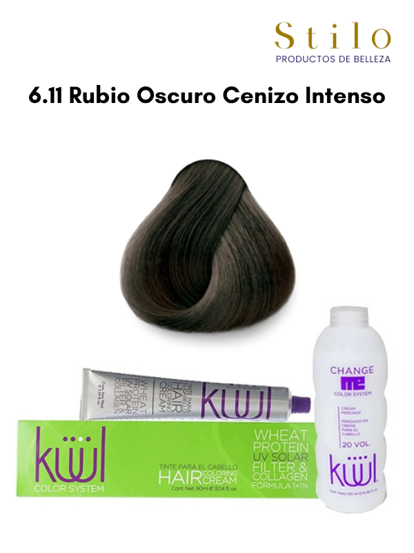 TINTE KUUL 6.11 RUBIO OSCURO CENIZO INTENSO 90 G CON PEROX. 135 ML