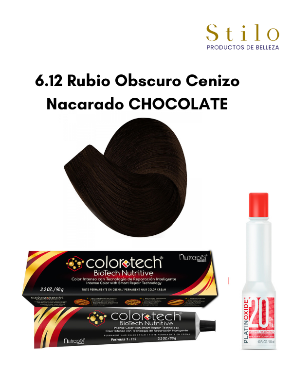 Tinte C. Tech 6.12 Rubio Obscuro Cenizo Nacarado CHOCOLATE 90 g con perox. 135 ml