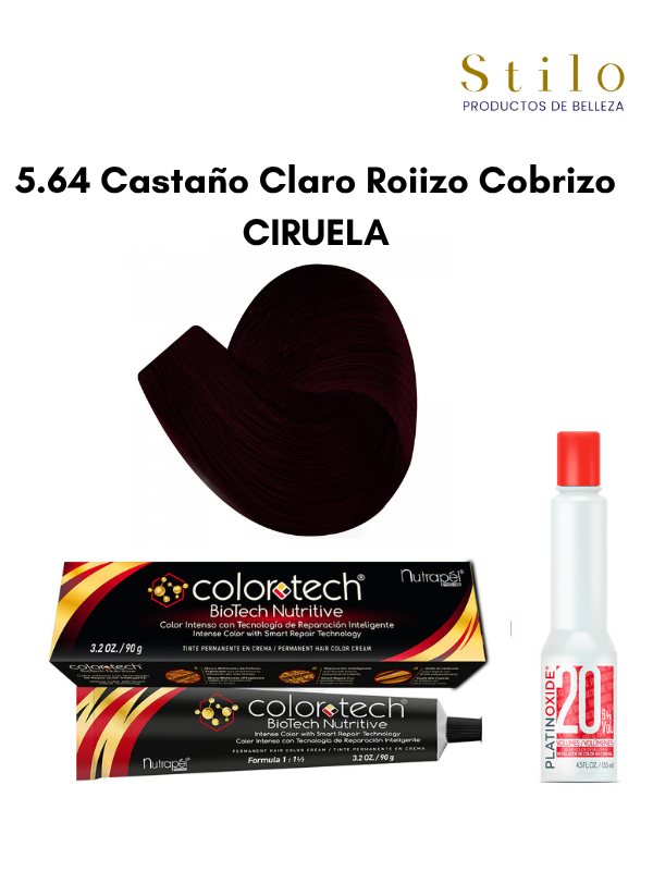 Tinte C. Tech 5.64 Castaño Claro Rojizo Cobrizo CIRUELA 90 g con perox. 135 ml
