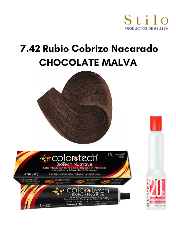 Tinte C. Tech 7.42 Rubio Cobrizo Nacarado CHOCOLATE MALVA ¡NUEVO! 90 g con perox. 135 ml