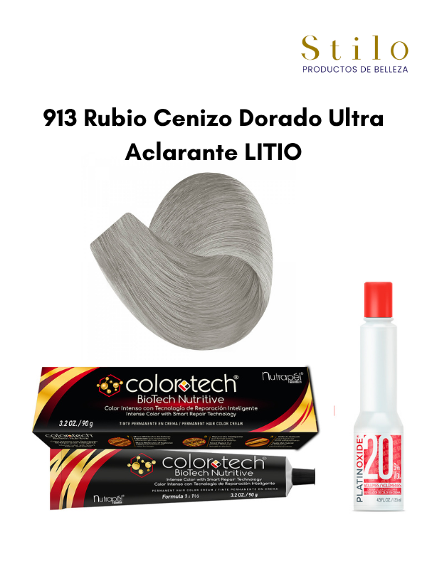 Tinte C. Tech 913 Rubio Cenizo Dorado Ultra Aclarante LITIO 90 g con perox. 135 ml